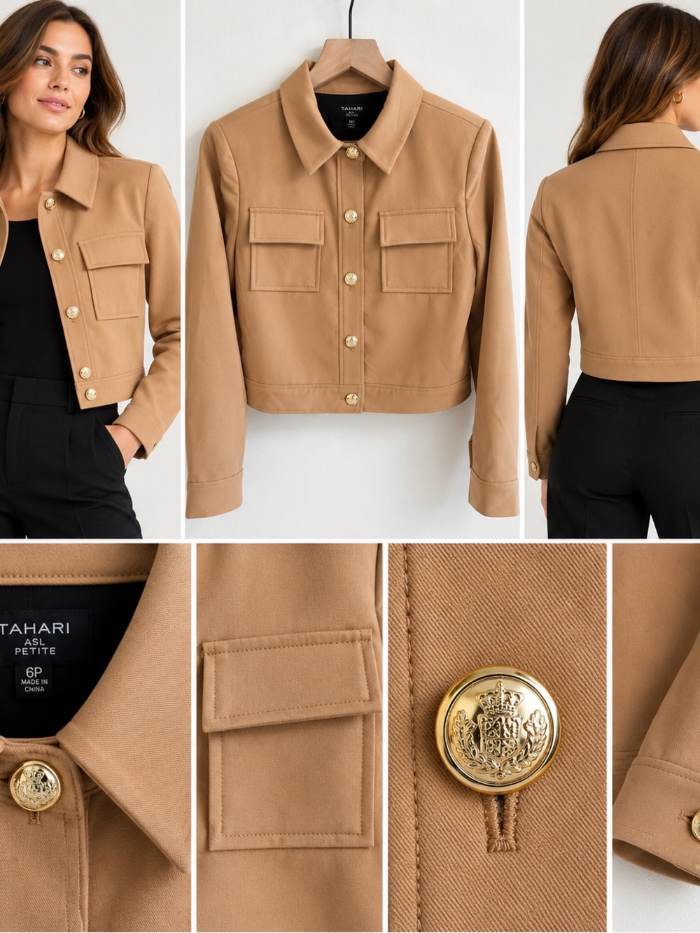 Tahari ASL Petite Camel Cropped Utility Jacket Gold Buttons Size 6P